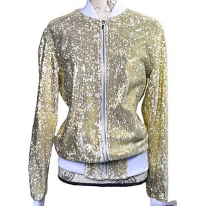NWT Gold & White Sequin Bomber Jacket Zip Up Ribbed size Small by Blu Martini
